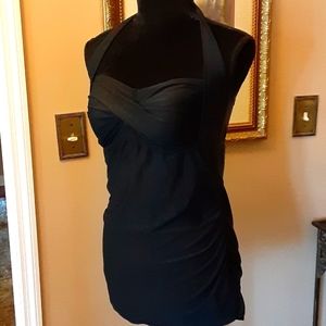 Beach Diva solid black halter top built in bra shirred sides curved hem 12 EUC…